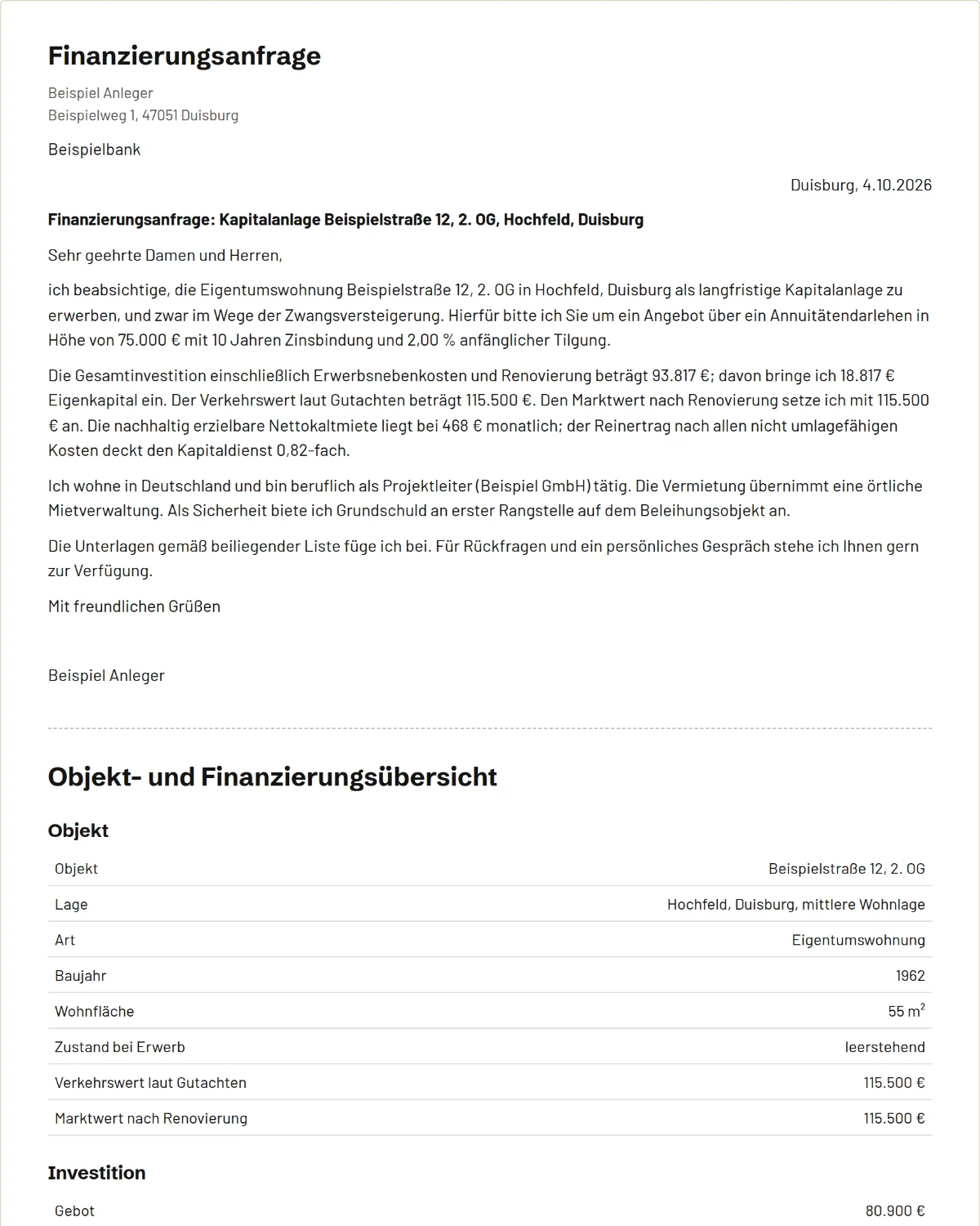 Die erste Seite einer Finanzierungsanfrage, von Olonto für eine Beispielwohnung erstellt.
