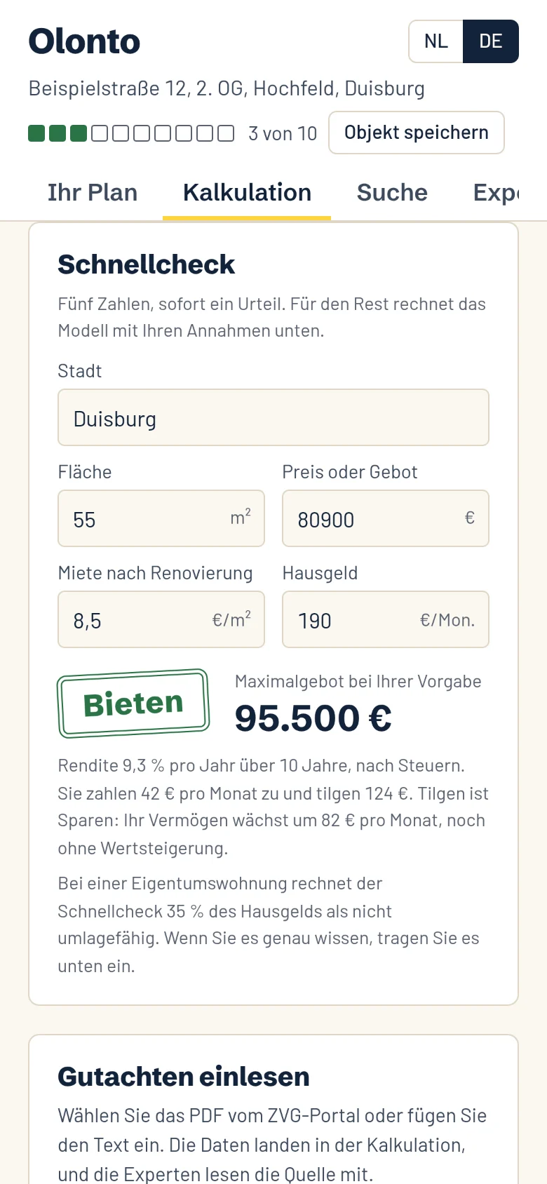 Der Schnellcheck auf dem Telefon, mit dem Stempel Bieten, einem Maximalgebot von 95.500 Euro und 9,3&nbsp;% Rendite pro Jahr über zehn Jahre.